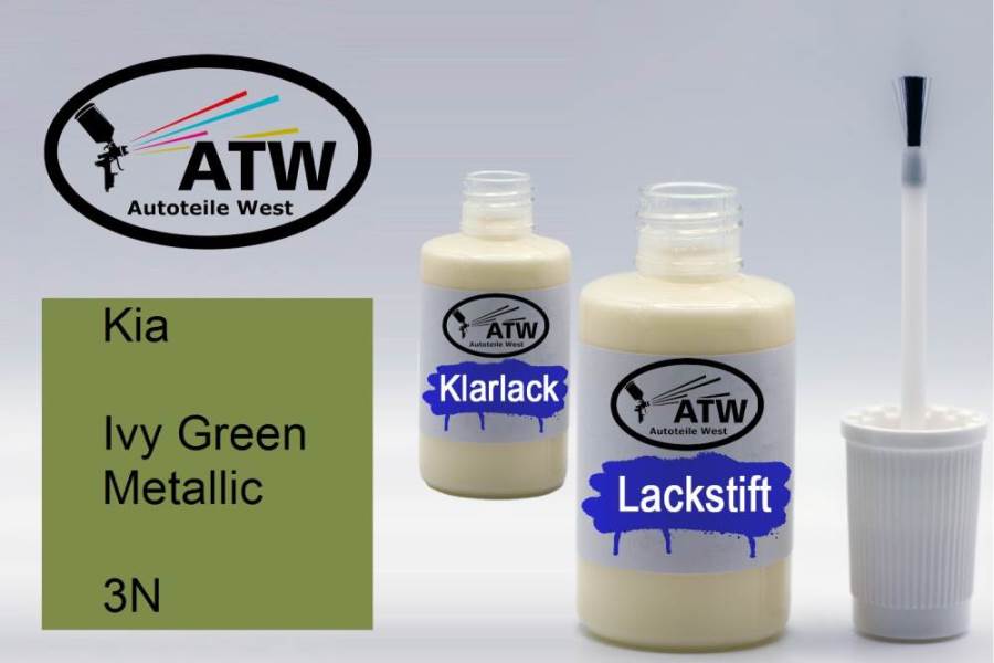 Kia, Ivy Green Metallic, 3N: 20ml Lackstift + 20ml Klarlack - Set, von ATW Autoteile West.